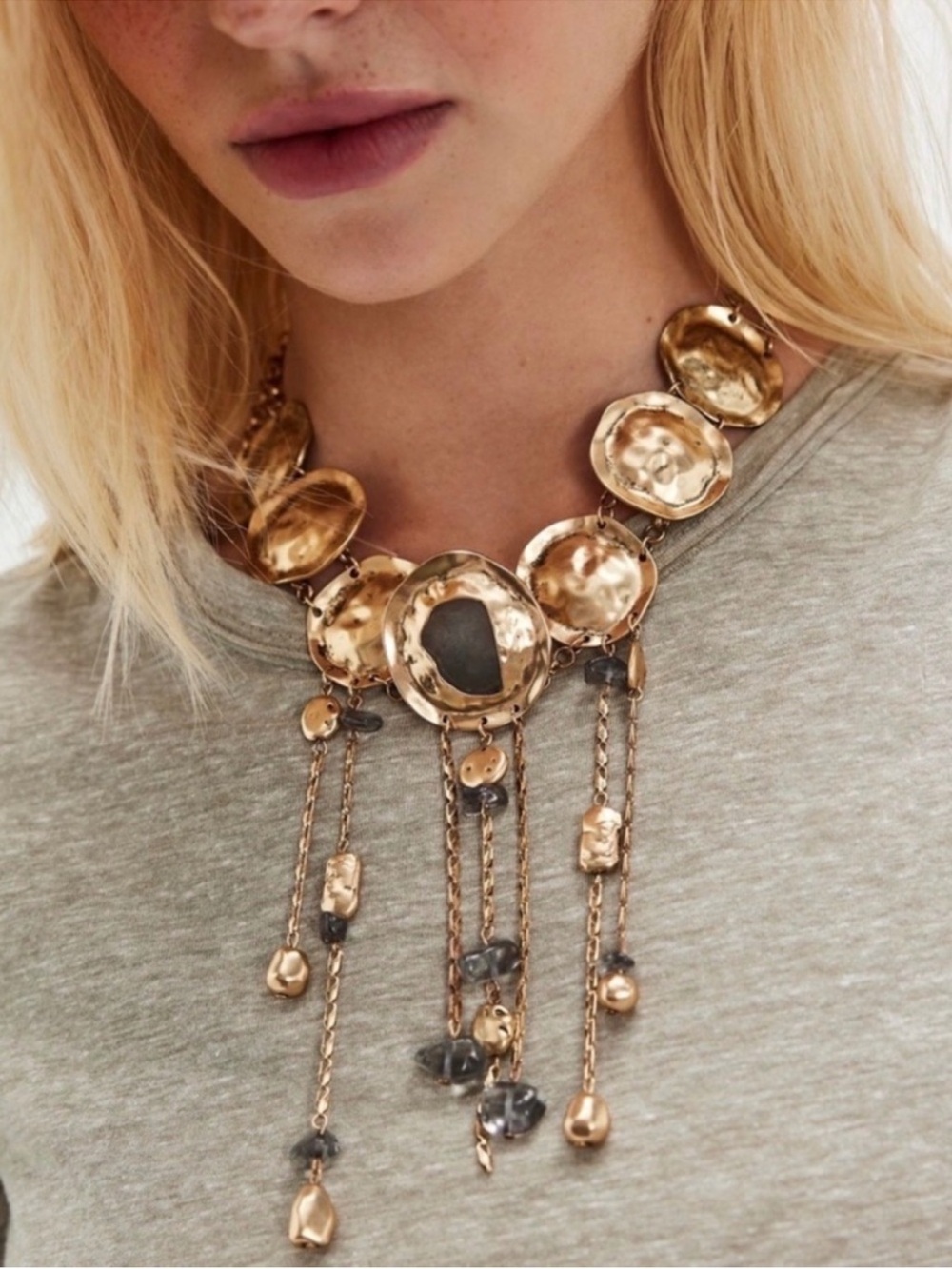 Free People Hammered Gold Disc Fringe maximalist statement Necklace